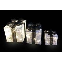 Snowtime Set Of 3 LED Lit Ivory And Black Parcels