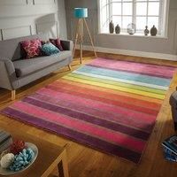 Illusion Candy Stripe Wool Designer Style Rugs Pink Multi Rainbow HandTufted Rug