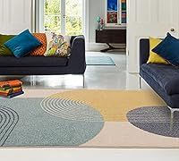 Muse Modern Retro Geometric Stripes Orange, Grey Black and Blue Multi Bright Colours Rug (Blue, 160x230cm (5/'3"x7/'7"))