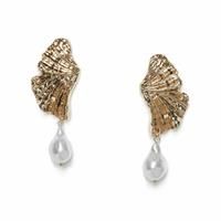 Freedom Gold Petal Hanging Faux Pearl Drop Stud Earrings