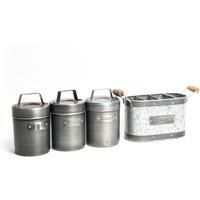 4pc Industrial Kitchen Storage Set with Galvanised Steel Utensil Holder and Tea, Coffee & Sugar Metal Storage Canisters