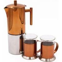 La Cafetiere 3pc Espresso Set including 10-Cup Copper Espresso Coffee Maker & Two Coffee Mugs in Metallic Gold