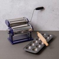 KitchenCraft Bundle Set of Pasta Maker and Non-Stick Ravioli Mould Set- Blue