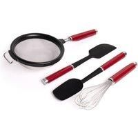 4pc Empire Red Cooking Utensil Set with Wire Whisk, 17.5cm Strainer, Spoon Spatula & Scraper Spatula