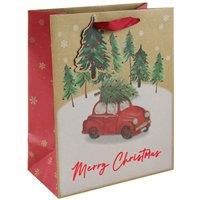 Eurowrap Brown Kraft Paper Merry Christmas Car Design Gift Bag with Gift Tag - Large - Eco Friendly Fully Recyclable - Gift Bag for Christmas, Gift Wrap, Xmas, Festive Gift Bag