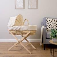 Clair de Lune Waffle Palm Moses Basket in Cream & Natural Folding Stand - Cream