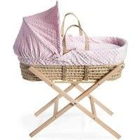 Clair de Lune | Dimple Palm Moses Basket & Natural Folding Stand | Including 1x Adjustable Hood Padded Liner, 2x Carry Handles, Coverlet, and a Firm Hypoallergenic Fibre Mattress | Pink