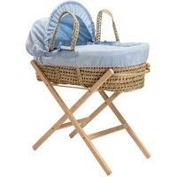 Clair de Lune Waffle Palm Moses Basket & Natural Folding Stand Including 1x Adjustable, Removable Hood, 2x Carry Handles, Coverlet, And 1x Firm, Hypoallergenic Fibre Mattress (Blue)