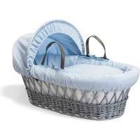 Clair de Lune | Waffle Grey Wicker Moses Basket with bedding | Includes mattress, Hood, Padded liner, Coverlet | UK Made with love | (Blue)