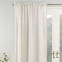 Cream Voile Curtain Pom Pom Trim Panels Slot Top Sheer Plain Linen Style Voiles