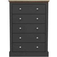 LPD Devon Country Style Wooden Bedroom Furniture Range - Charcoal Grey, Oak Top - 5 Drawer Chest