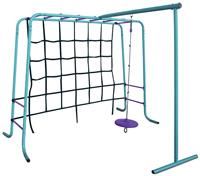 Plum Play Metal Monkey Bars Climbing Frame with Cargo Net Climb Wall - Disc Swing - Sliding Pole - Outdoor Play Set