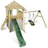 Plumplay Play Centre Kids Child w/10 ft Slide, Rock Wall & Swings Wooden Warthog