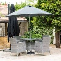 Katie Blake Sandringham 4 Chair Rattan Round Dining Set with Parasol and Base - Grey