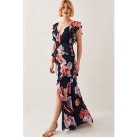 Carrie Floral Ruffle Chiffon Maxi Dress Black