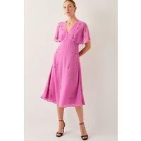 Monsoon Women's Candice Embellished Flutter Sleeve Midi Dress Pink | Size: 10