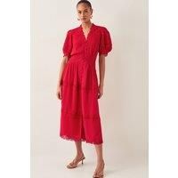 Kiana Pintuck Puff-Sleeve Midi Dress Red