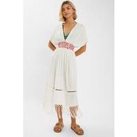 Palm Embroidered Fringe Kaftan Dress