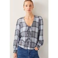 Ava Tie-Front Check Blouse Blue