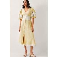 Nancy Applique Puff-Sleeve Midi Dress Yellow
