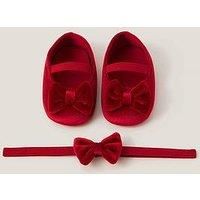 Monsoon Baby Girls Bow Velvet Headband & Booties Set - Red