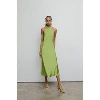 Warehouse Womens Slip Dress Green Satin Halter Neck Figure Skimming