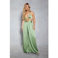 Misspap Womens Jumpsuit Olive Satin Cut Out Waist Flowing Wide Leg Trousers