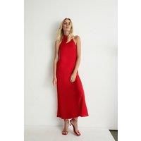 Warehouse Womens Slip Dress Red Satin Halter Neck Figure Skimming