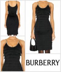 Burberry Melina Cocktail Dress Size UK 8 Midi Tiered Fringe Party - Black Gold - 8 Regular