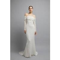 Sequin Draped Bardot Long Sleeve Bridal Maxi Dress