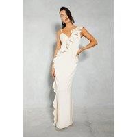 Misspap Womens Slip Maxi Dress Champagne Satin One Shoulder Ruffle