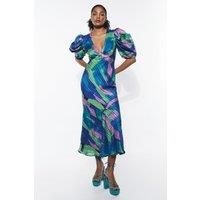 WAREHOUSE Abstract Print Jacquard Puff Sleeve Maxi Dress