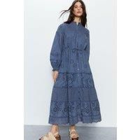 Broderie Drawstring Waist Midi Dress