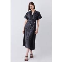 Leather Belted Button Detail Shirt Midi Dress