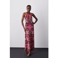 Slinky Knit Contrast Piping Halter Neck Maxi Dress