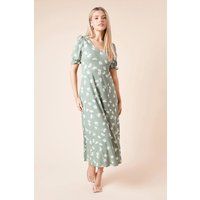 Khaki Ditsy Print Short Sleeve Midi Dress