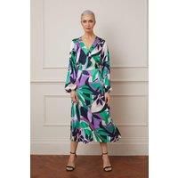 Womens Leaf Print Satin Wrap Midi Dress