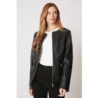 Womens Black Faux Leather Collarless Seam Detail Jacket