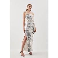 Floral Strapless Premium Satin Panelled Woven Midaxi Dress