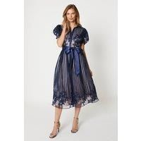 Placement Stripe Organza Puff Sleeve Shirt Dress