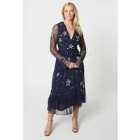 Debut London by Coast Long Sleeve Star Embellished Tiered Midi Dress