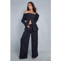 Misspap Womens Trousers Black Woven Wide-Leg Breathable Button Detail
