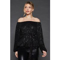 Womens Sequin Bardot Long Sleeve Blouse