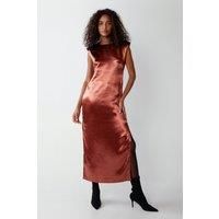 Metallic Satin Column Shoulder Pad Midi Dress