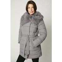 MAINE Puffer Faux Fur Collar Belted Coat