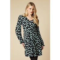 Womens Spot Long Sleeve V Neck Mini Dress