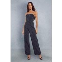 Misspap Womens Jumpsuit Black Denim Wide-Leg Sleeveless High-Waisted Chic