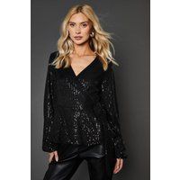 Womens Sequin Tie Waist Wrap Top