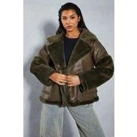 Misspap Womens Jacket Khaki Oversized Shearling Detail Casual Pockets