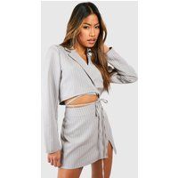 Womens Pinstripe Tie Waist Cropped Blazer